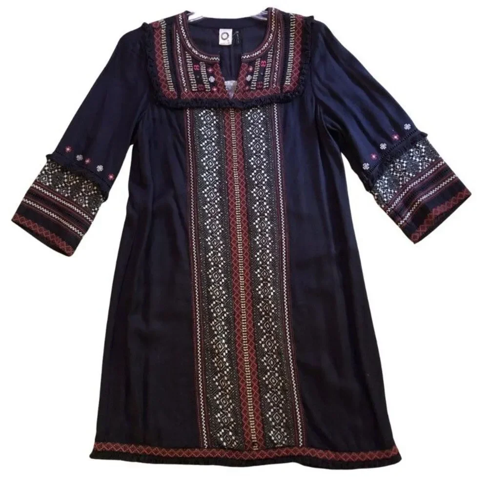 Anthropologie Akemi + Kin Tessa Dress Womens Sz 8 Navy Embroided Boho Festival
